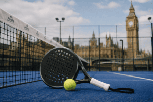 best-padel-rackets-uk-Brand-neutral lifestyle shot of a racket on court or a player mid-swing