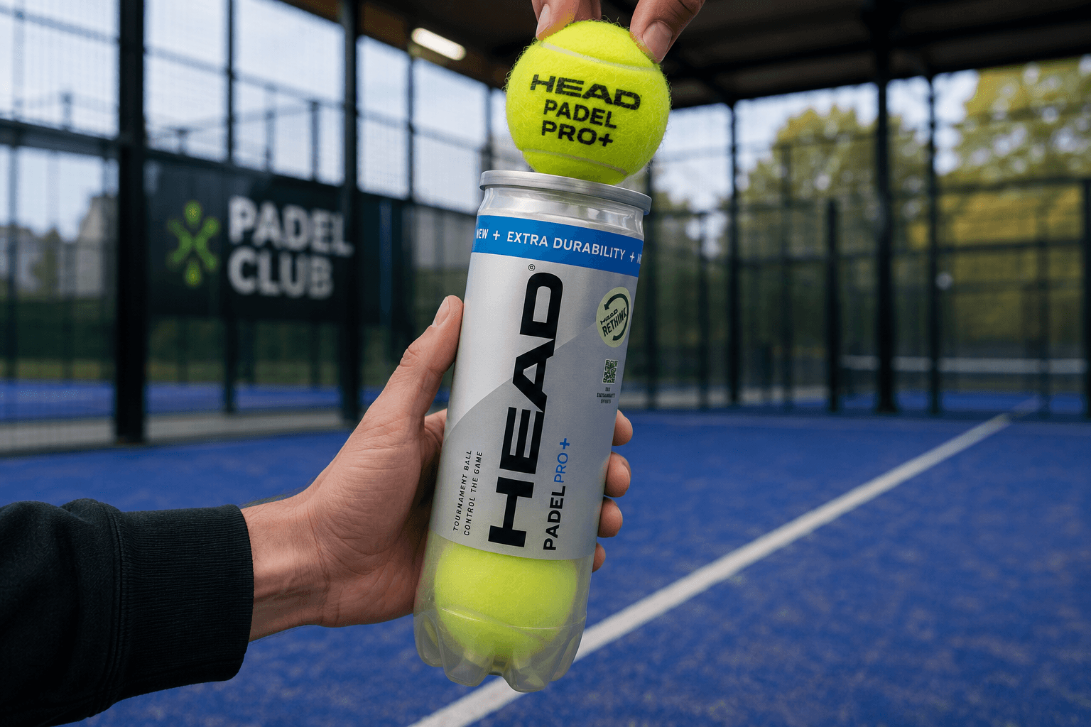 Hand holding a best-padel-balls-uk-tube of padel balls on a UK padel court