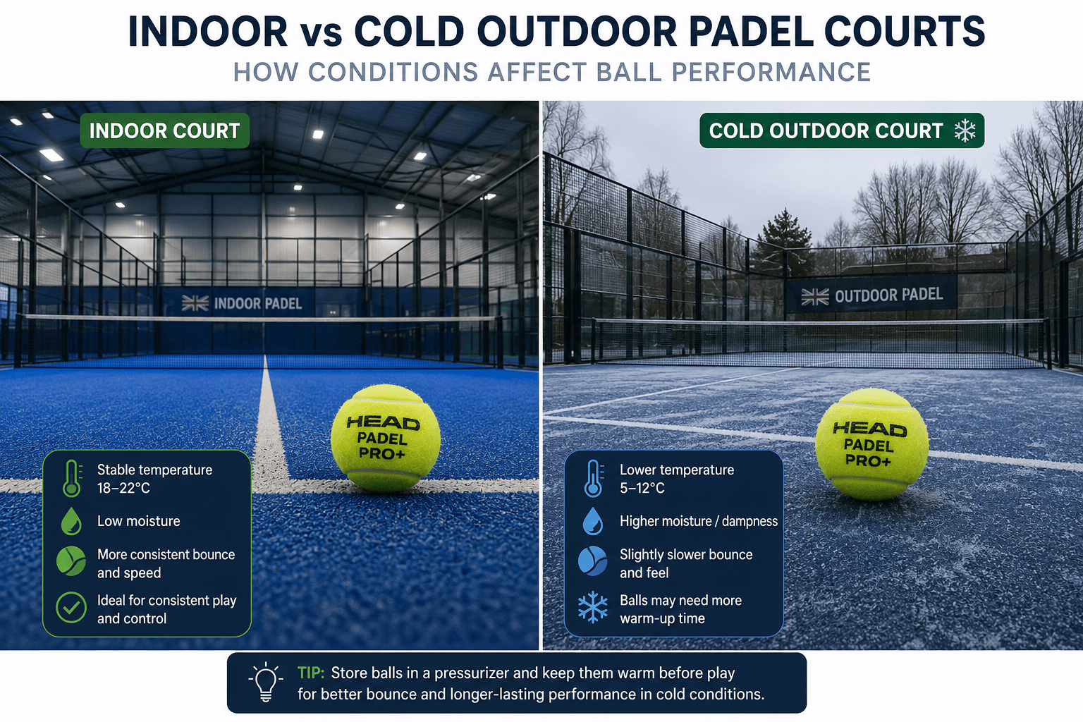 Indoor and cold outdoor UK padel courts showing how conditions affect ball performance