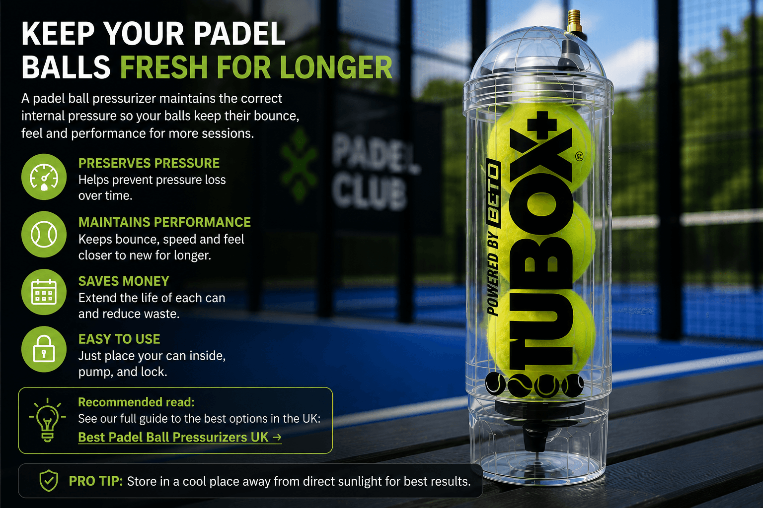 Padel balls stored inside a pressure-maintaining ball pressurizer between sessions