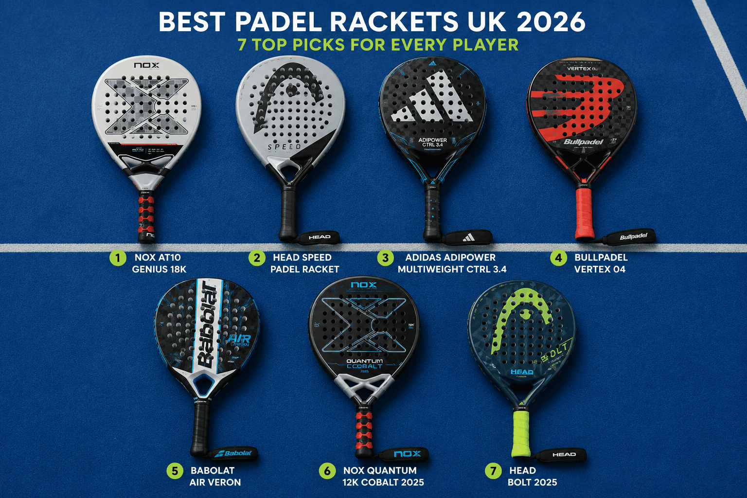 best-padel-rackets-uk-Flat-lay grid of all 7 shortlisted rackets together