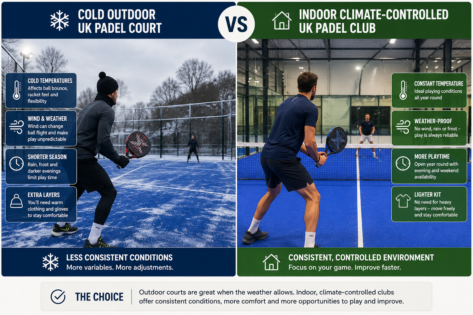 Cold outdoor UK padel court compared with an indoor climate-controlled padel court