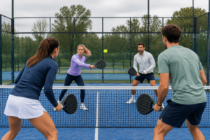 padel-clothing-uk-Padel players wearing practical padel clothing on a UK court