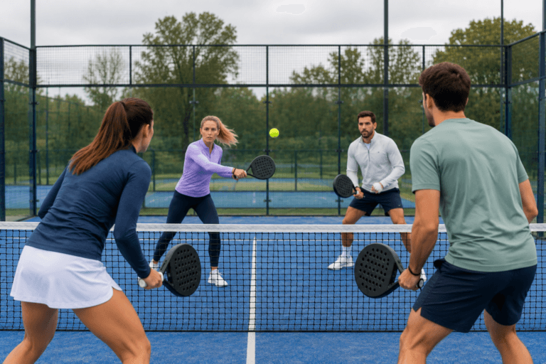 padel-clothing-uk-Padel players wearing practical padel clothing on a UK court