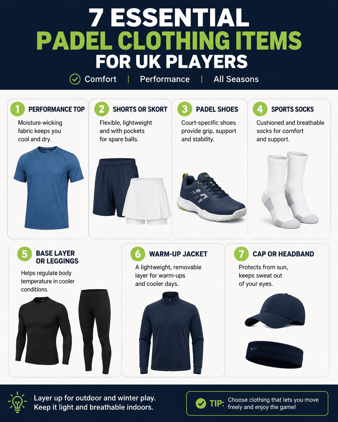 padel-clothing-uk-Seven essential padel clothing items for UK players."