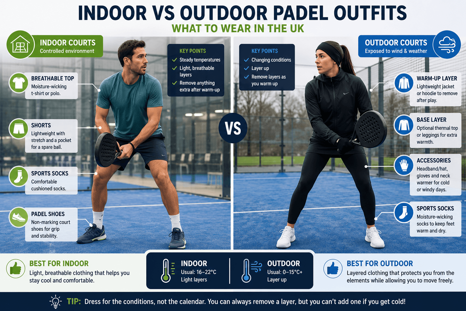 Indoor versus outdoor padel clothing UK comparison.