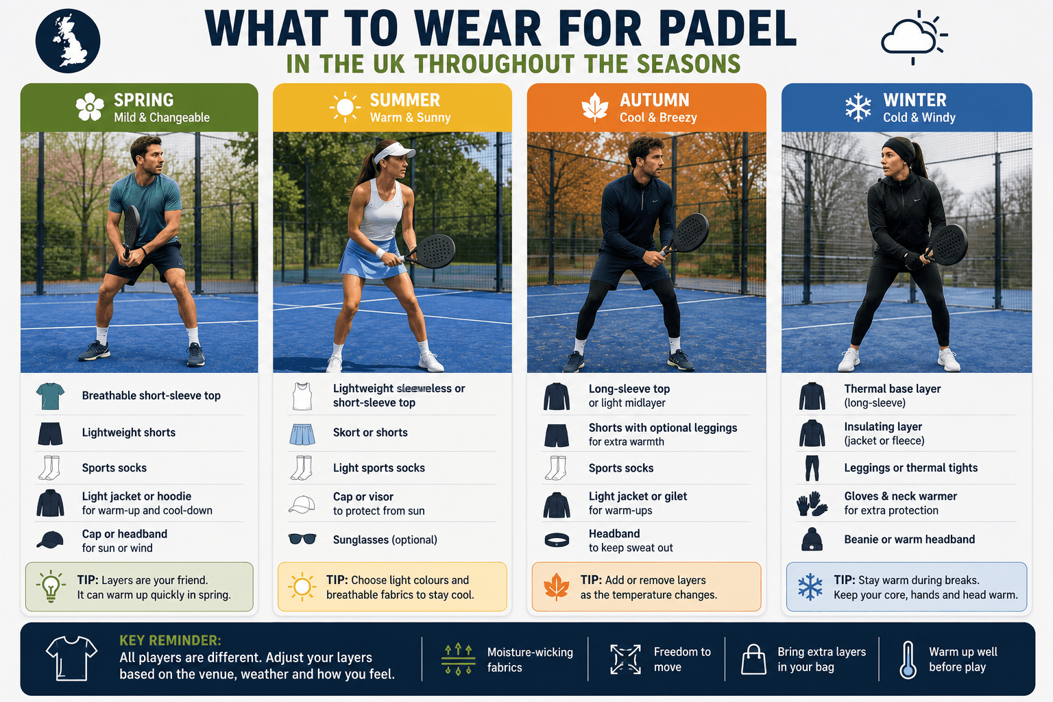 What to wear for padel in the UK throughout the seasons.