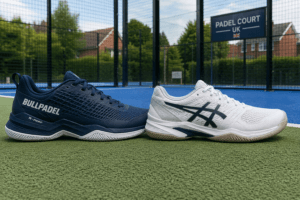 padel-shoes-vs-tennis-shoes-Padel shoe and tennis shoe placed beside a UK padel court