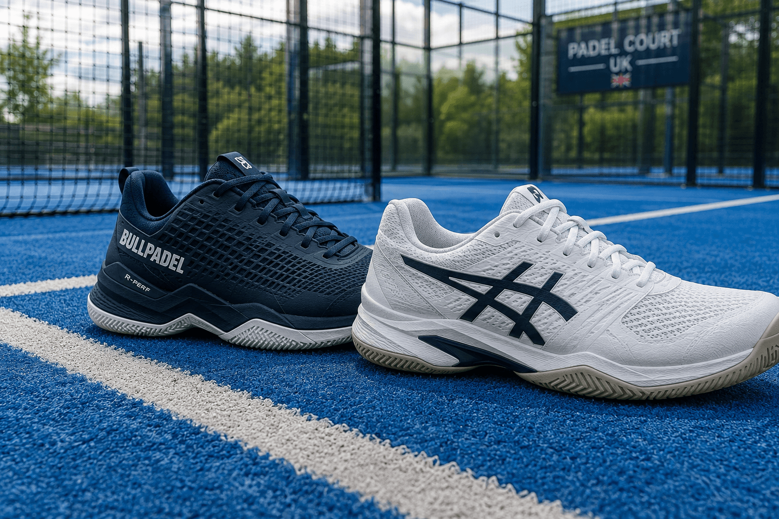 padel-shoes-vs-tennis-shoes-2-Padel shoe and tennis shoe placed beside a UK padel court