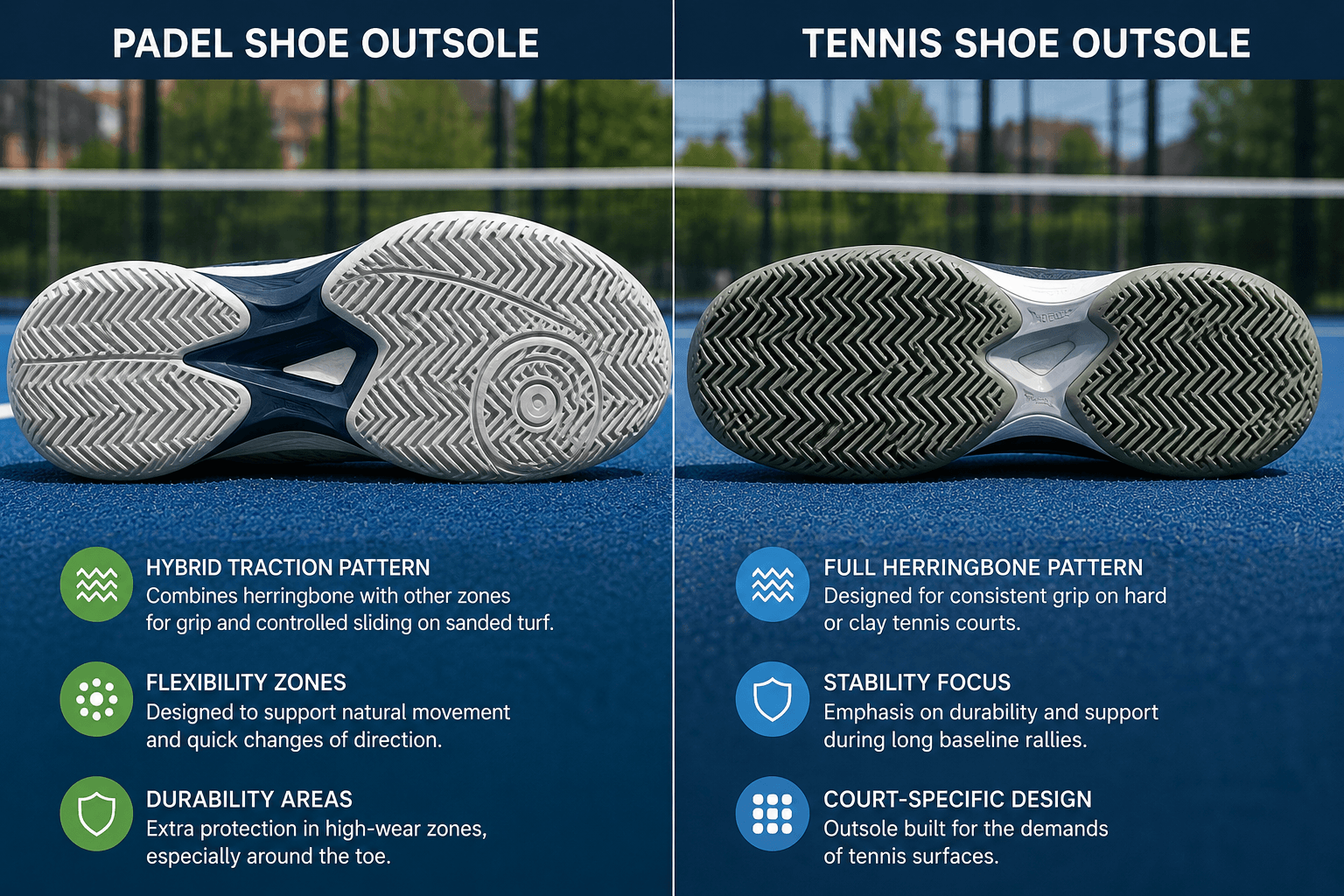 Side-by-side comparison of padel shoe and tennis shoe outsoles