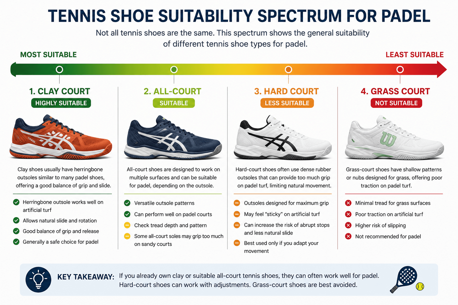 Spectrum showing tennis shoe type suitability for padel