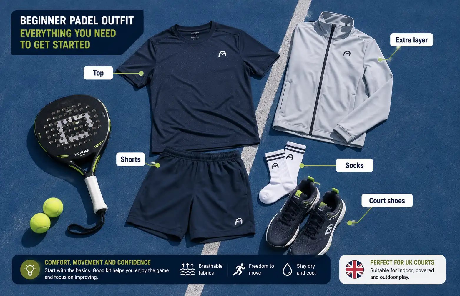 Beginner padel clothing outfit with shirt shorts socks and court shoes