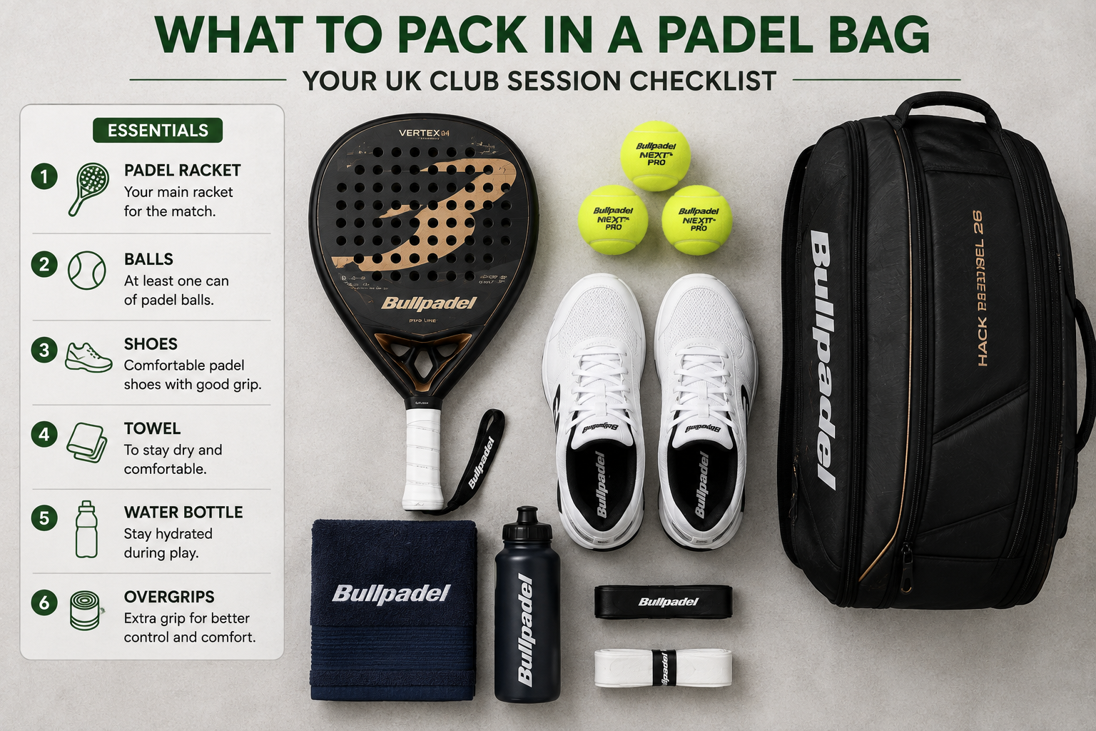 Checklist of items to pack in a padel bag for a UK club session