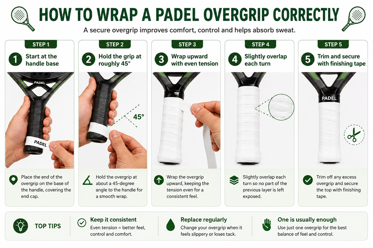 best-padel-overgrips-uk-Step-by-step diagram showing how to wrap a padel overgrip correctly