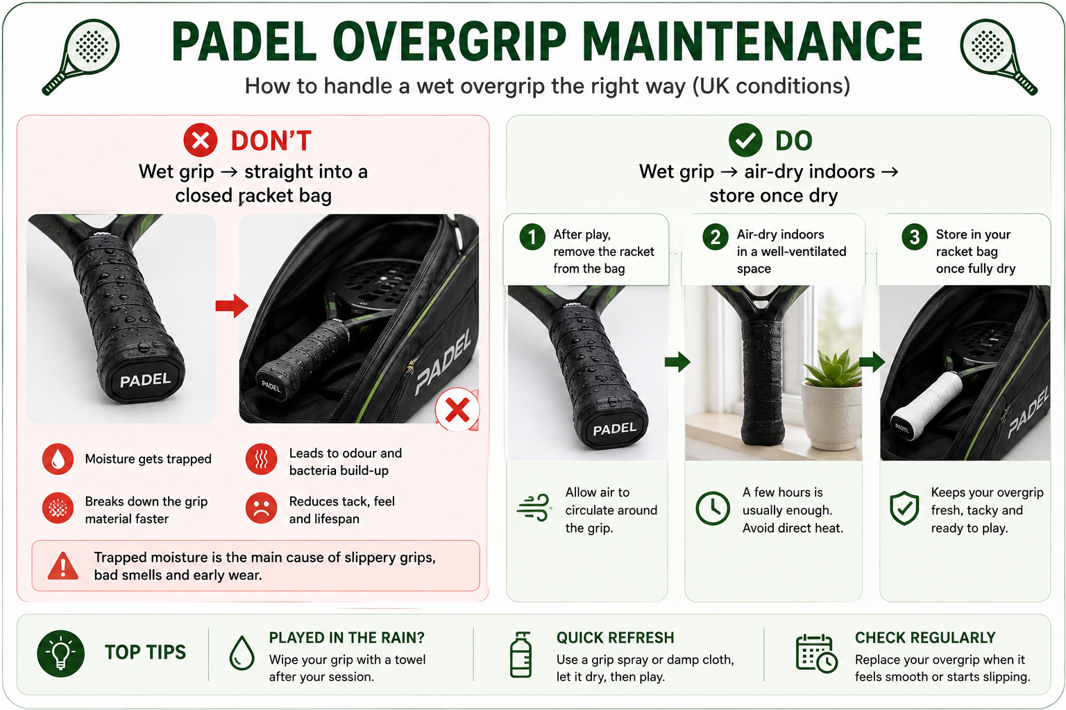 best-padel-overgrips-uk-Do and don't guide for storing a padel overgrip after playing in damp UK weather