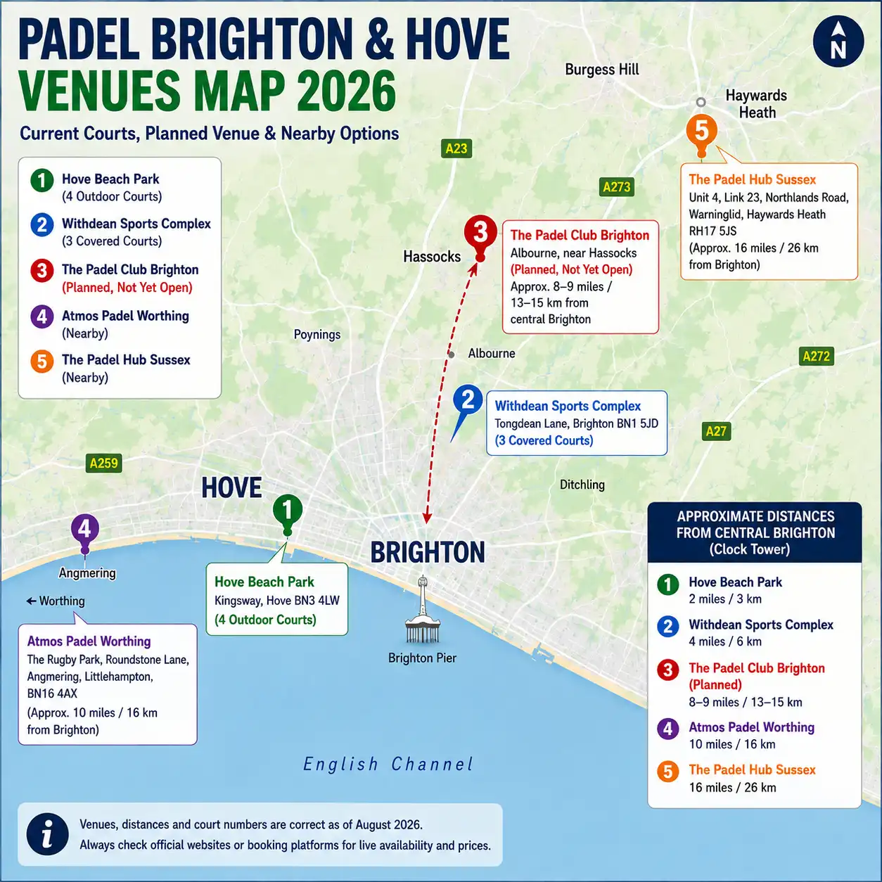 Map of padel courts in Brighton, Hove and nearby Sussex