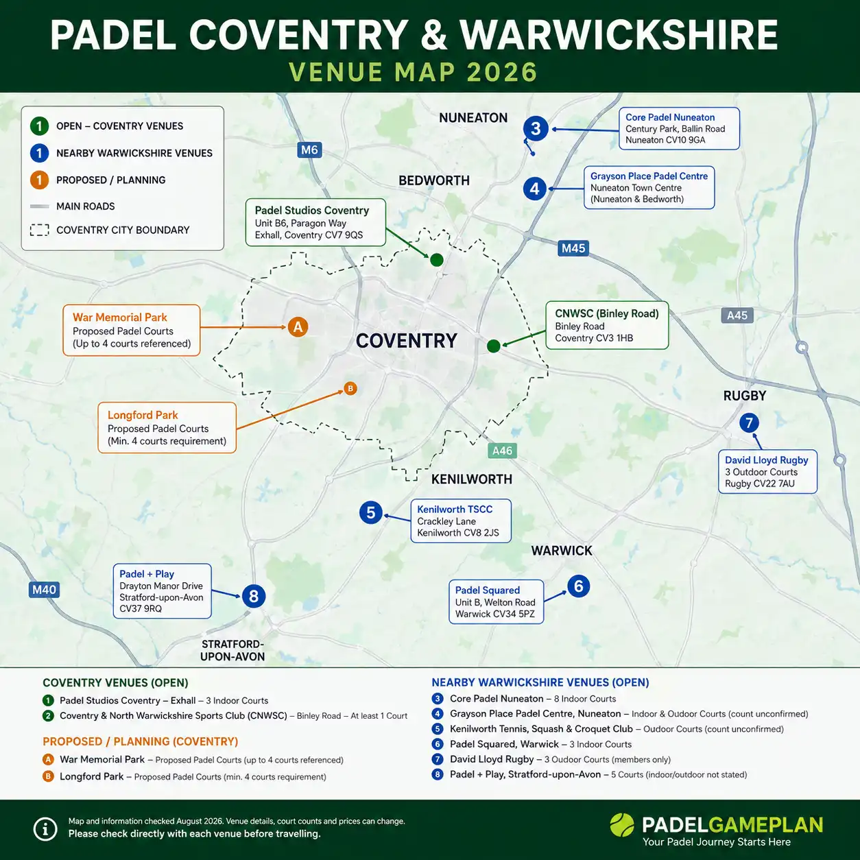 Map of padel courts in Coventry and Warwickshire