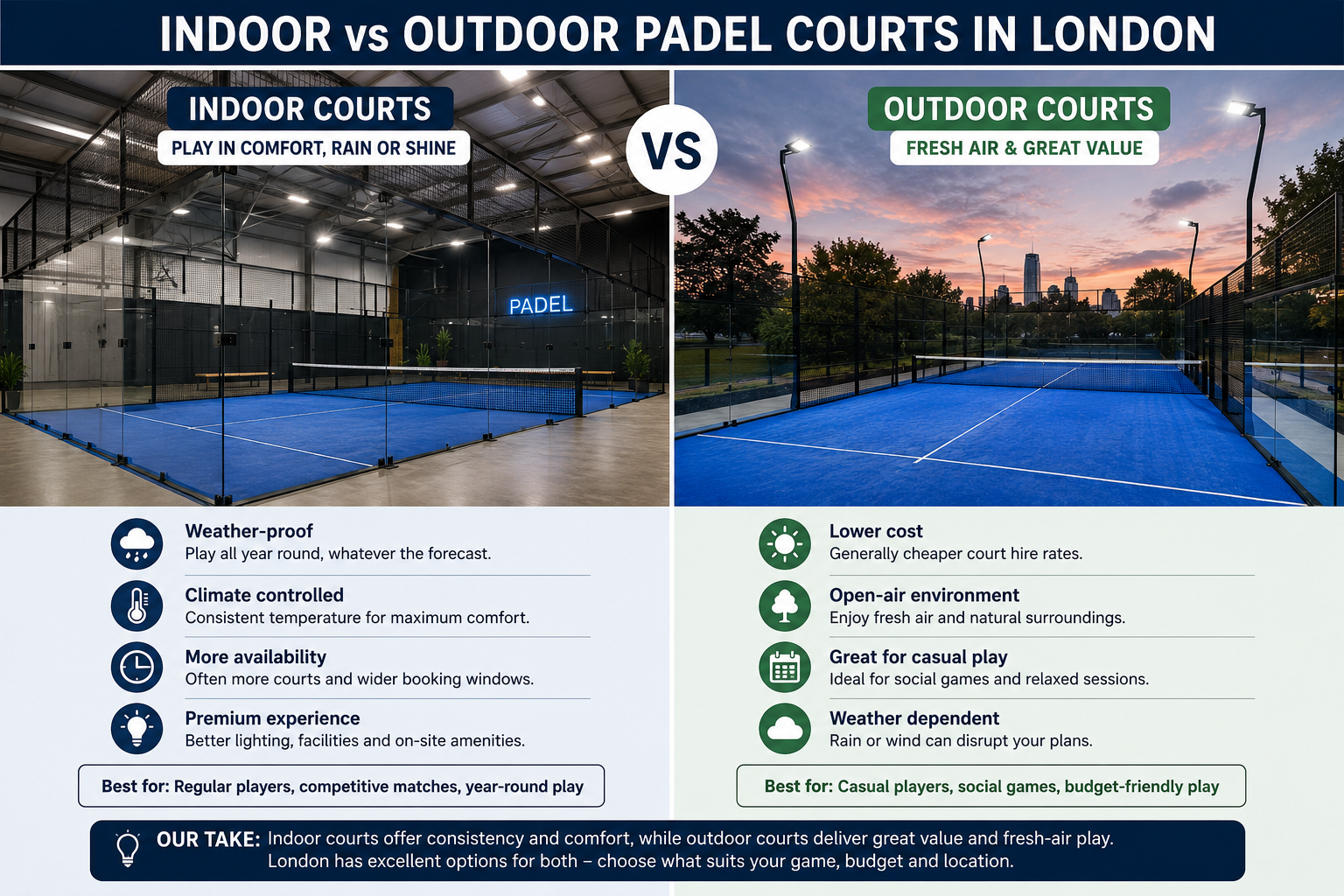 Indoor and outdoor padel courts in London compared
