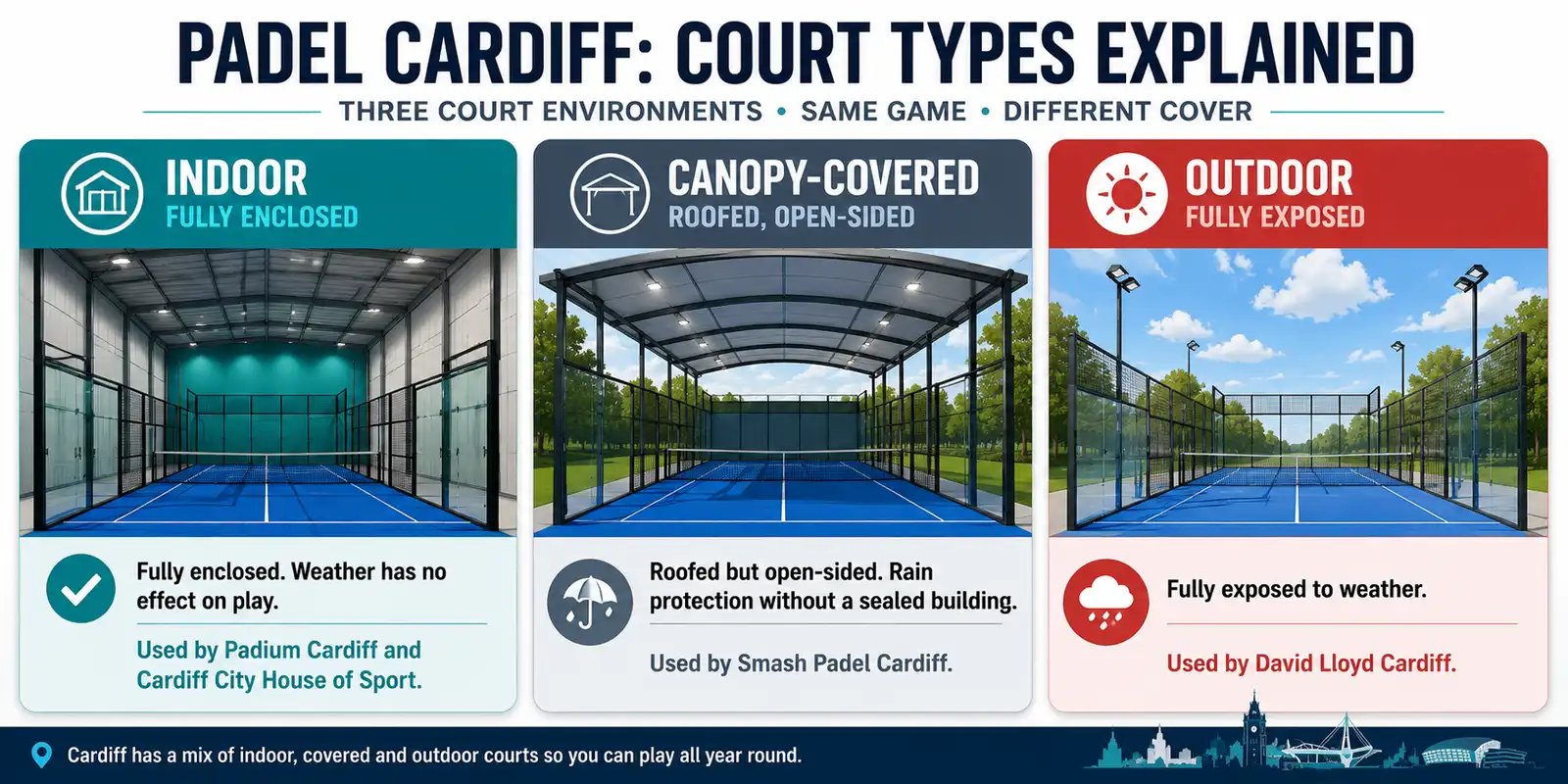Graphic comparing indoor, covered and outdoor padel courts in Cardiff
