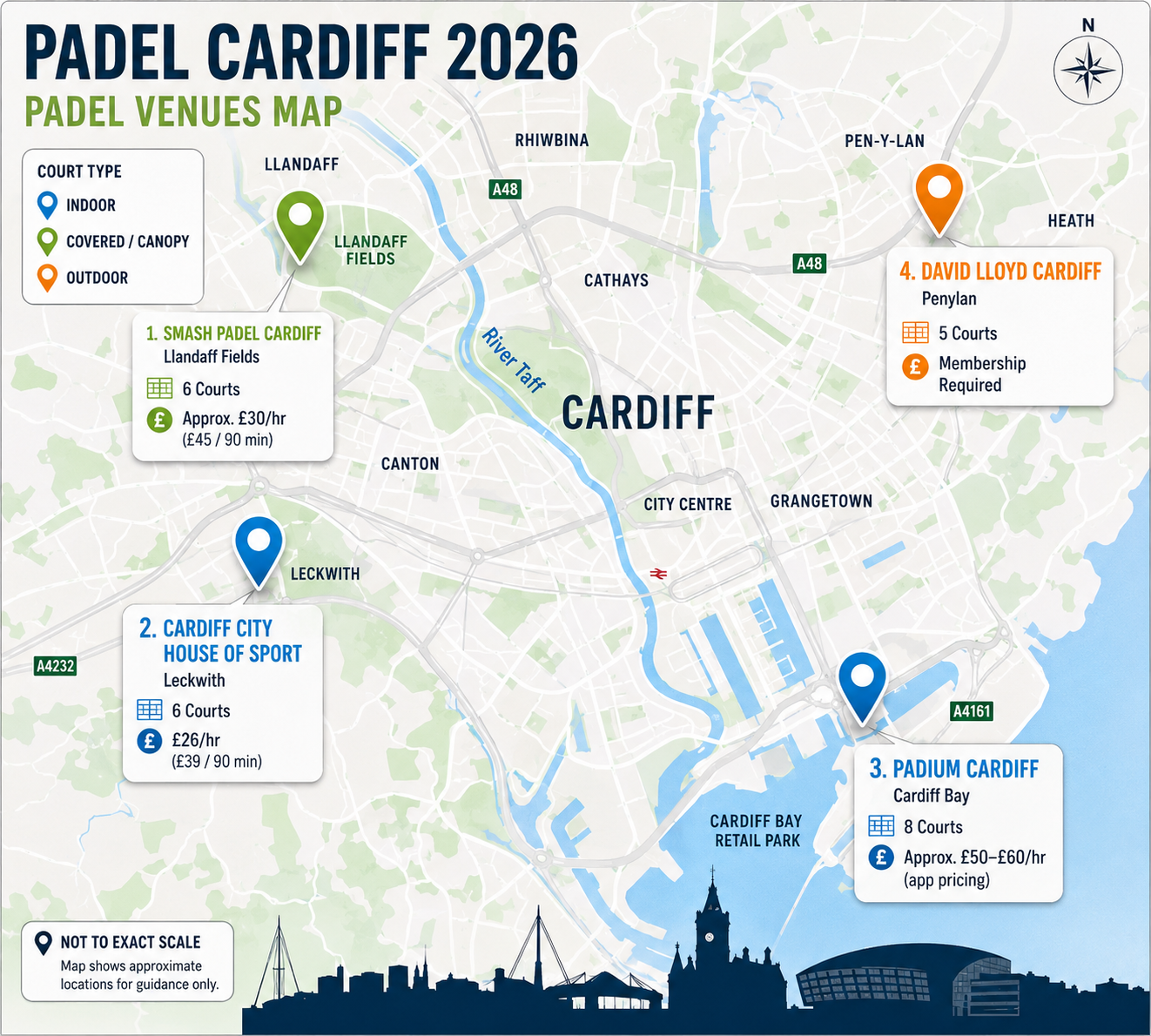Map of padel courts in Cardiff including Cardiff Bay and Llandaff Fields