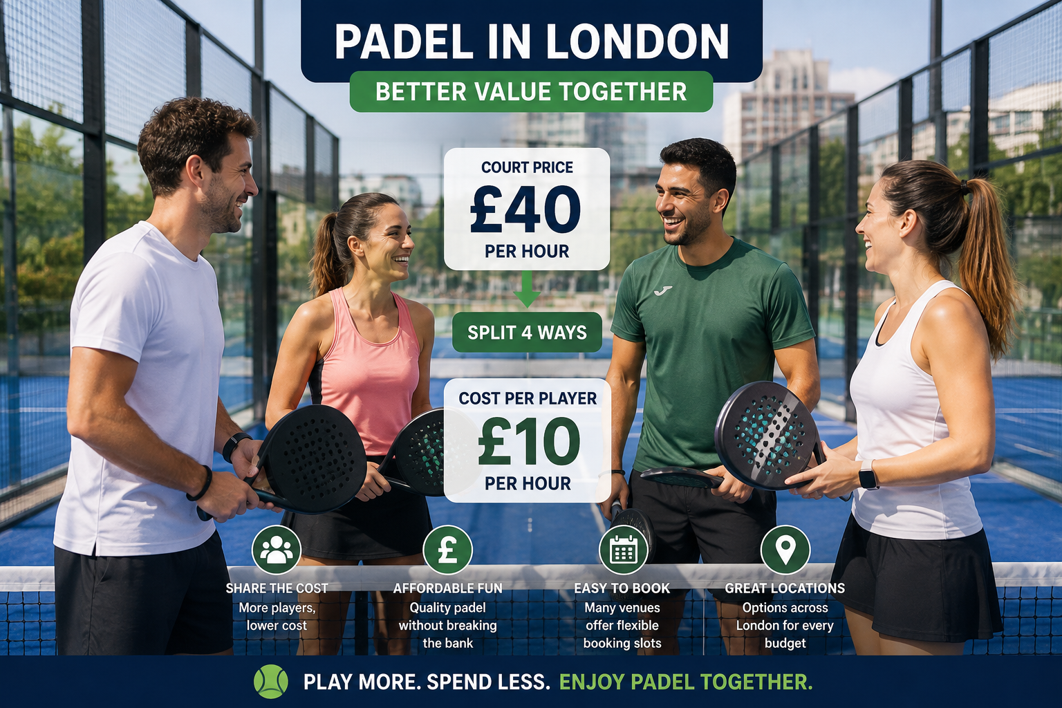 Group of four players sharing a padel court booking in London