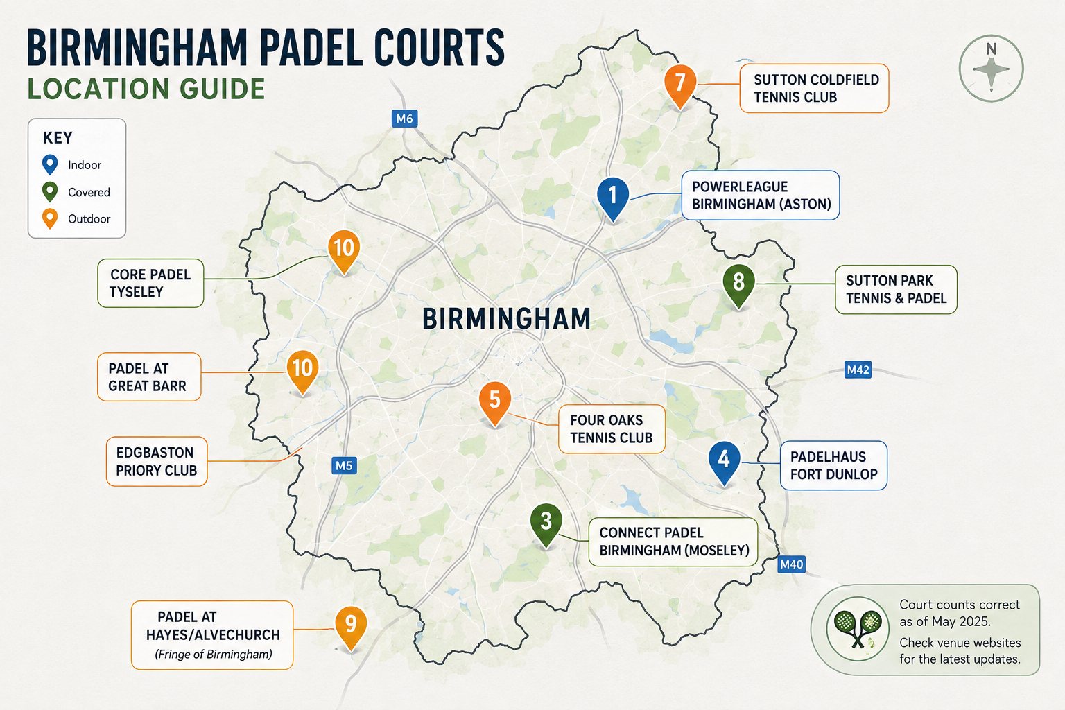 Map of padel venue locations across Birmingham and Sutton Coldfield