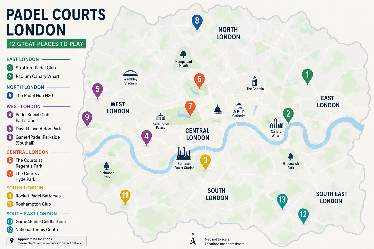 Map showing padel court locations across London