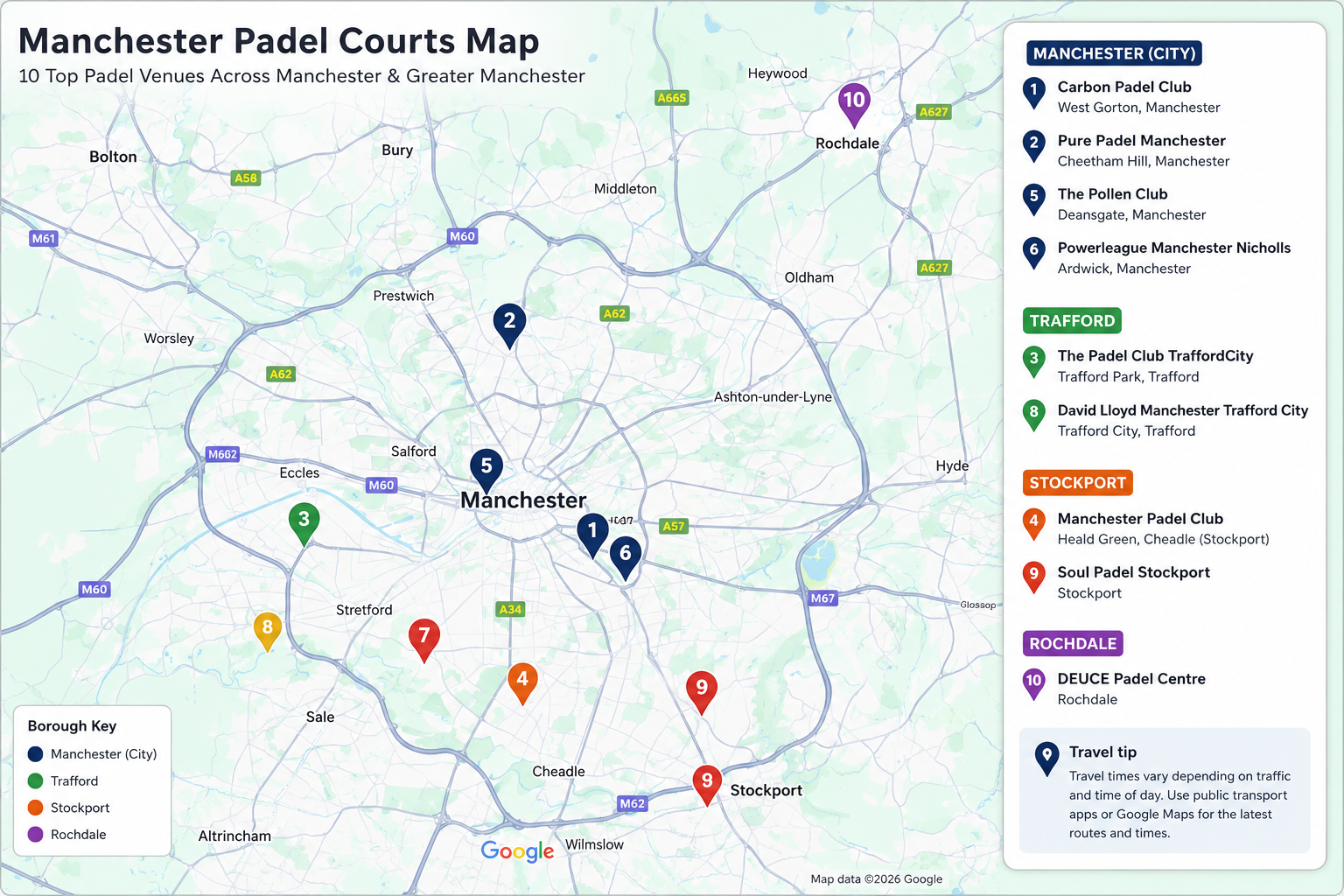 Map of padel court locations across Manchester and Greater Manchester