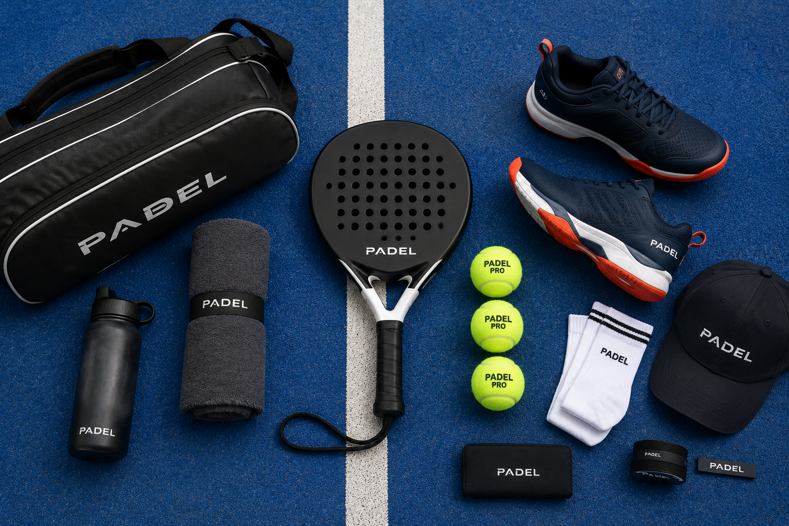 Optional flat-lay style image of generic padel kit (racket, balls, court shoes)-padel