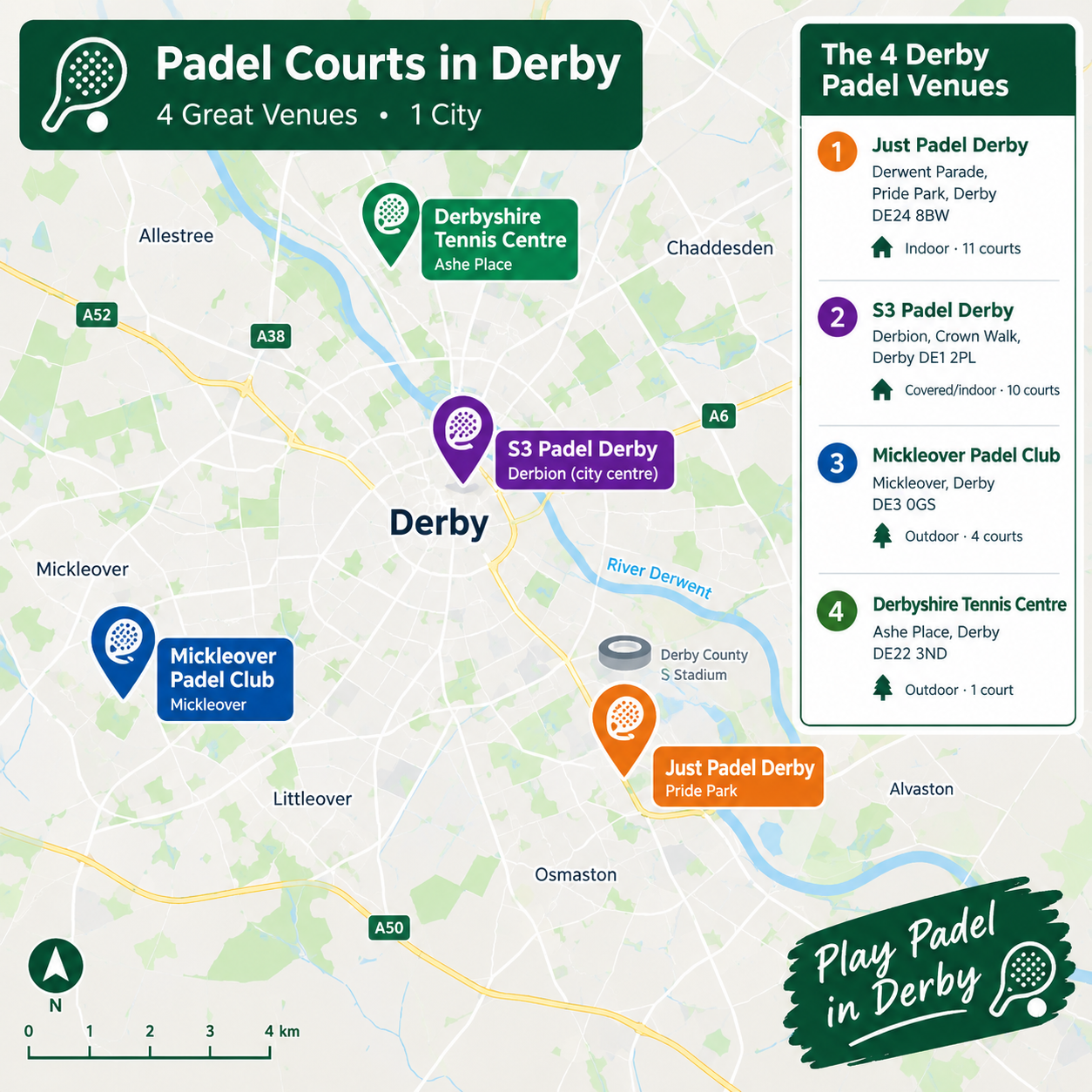 Map showing padel Derby venue locations across the city