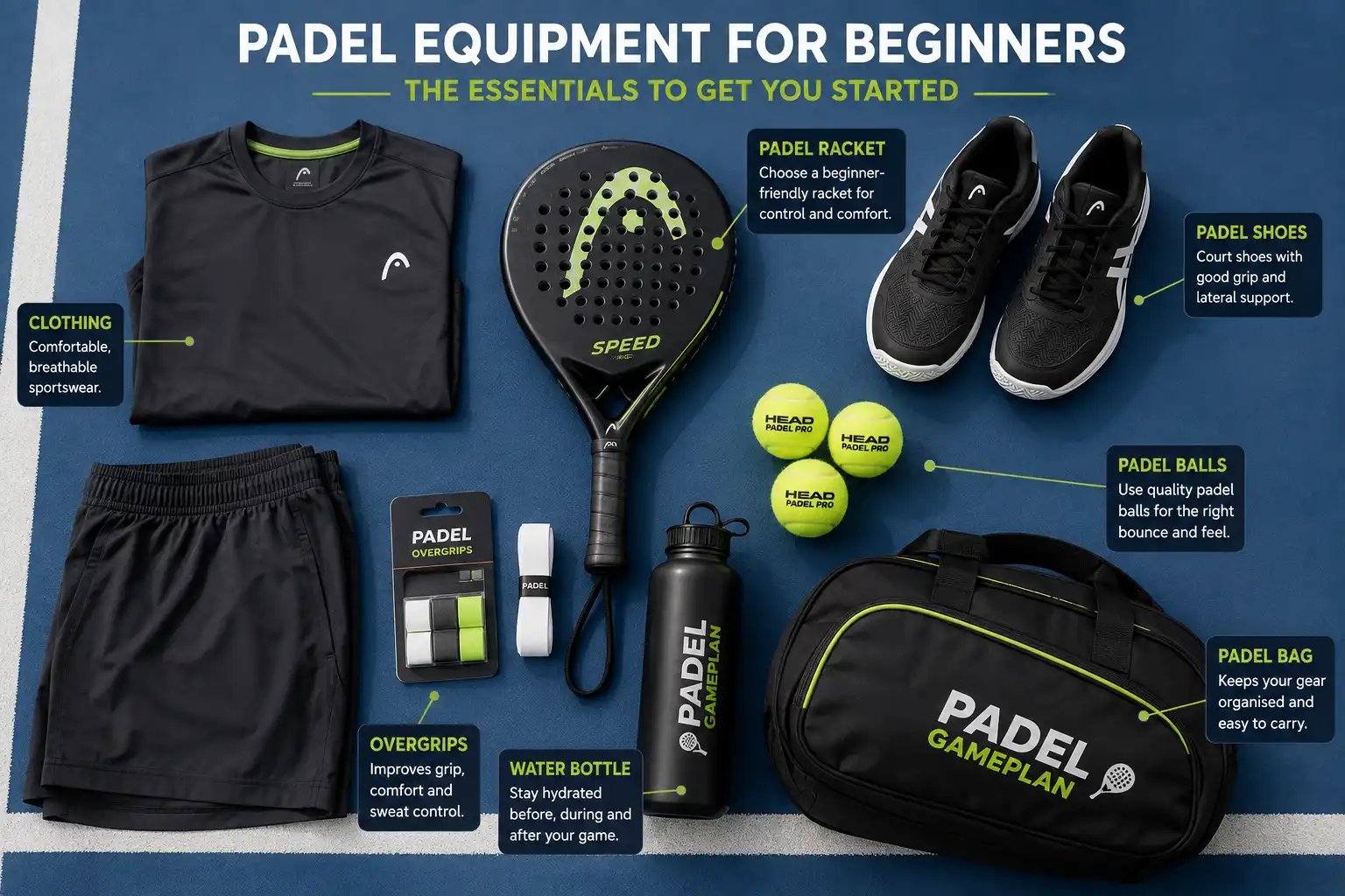 Padel equipment for beginners including racket, shoes, balls, overgrips and bag