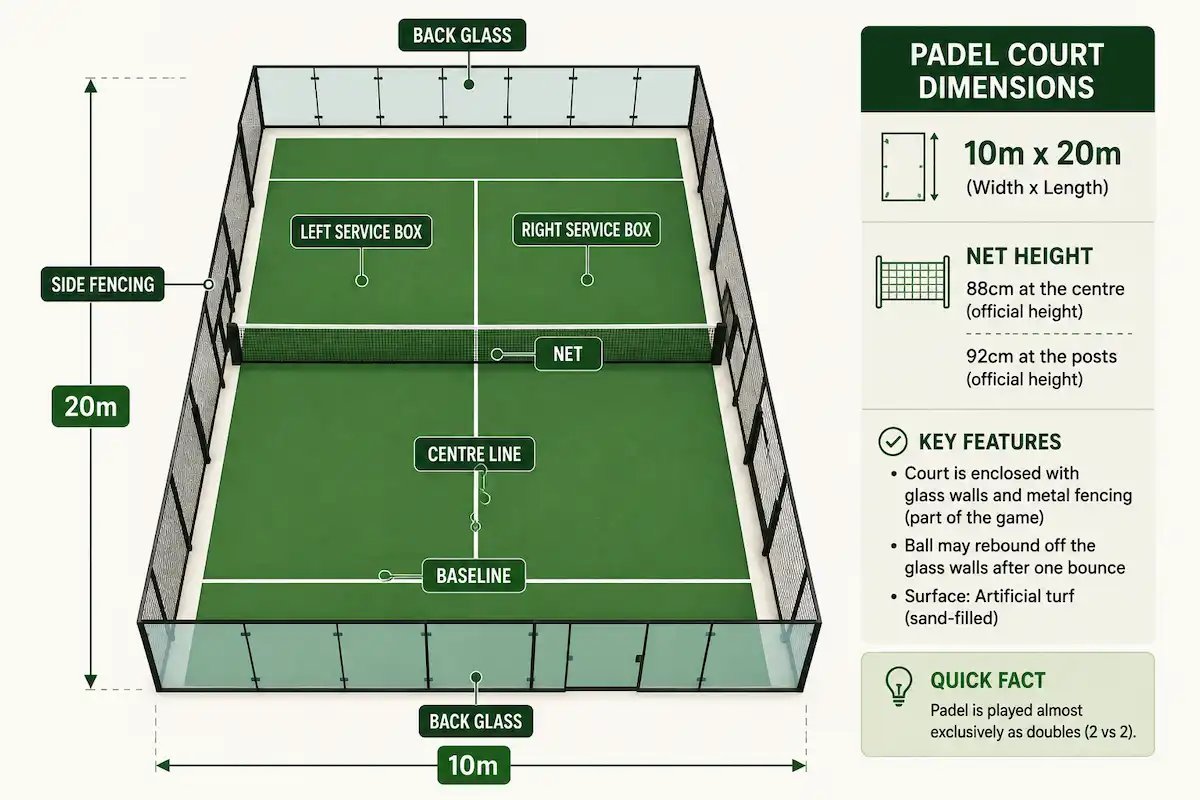 Diagram of a padel court showing the net, service boxes, baseline, centre service line, glass and fence