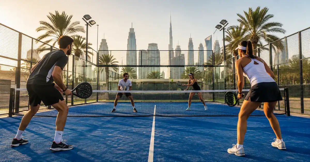 padel-rules-uae-Four players in a doubles rally on an outdoor padel court in the UAE, glass walls and desert skyline visible