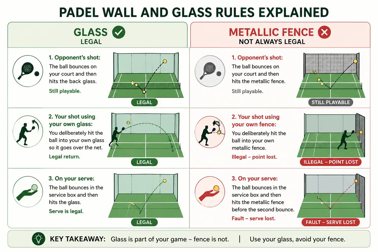 Comparison graphic showing legal glass rebounds versus fence faults under padel rules UK
