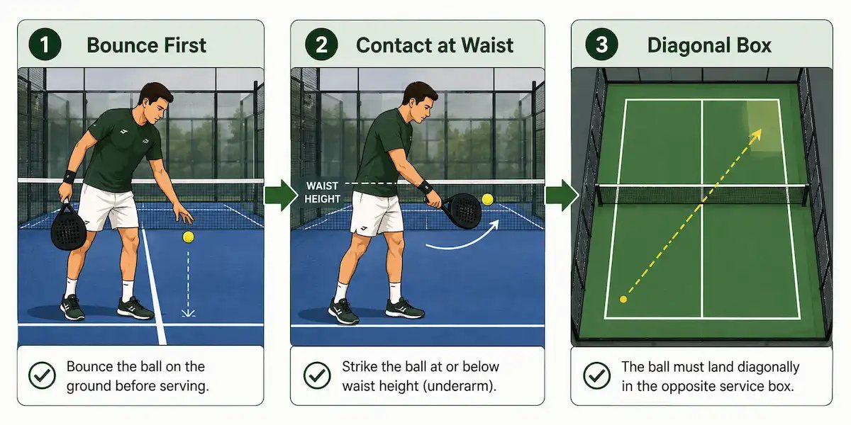 padel-rules-uk-Three-step diagram of a legal padel serve: bounce first, contact at waist height, ball lands diagonally
