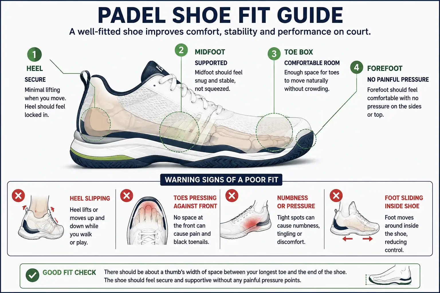 How padel shoes should fit at the heel midfoot and toe box