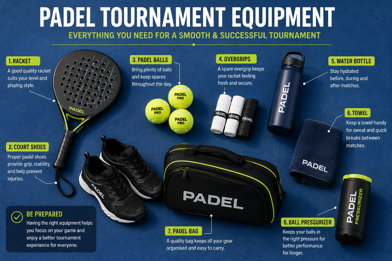 Padel tournament equipment including racket, shoes, balls, overgrips and bag