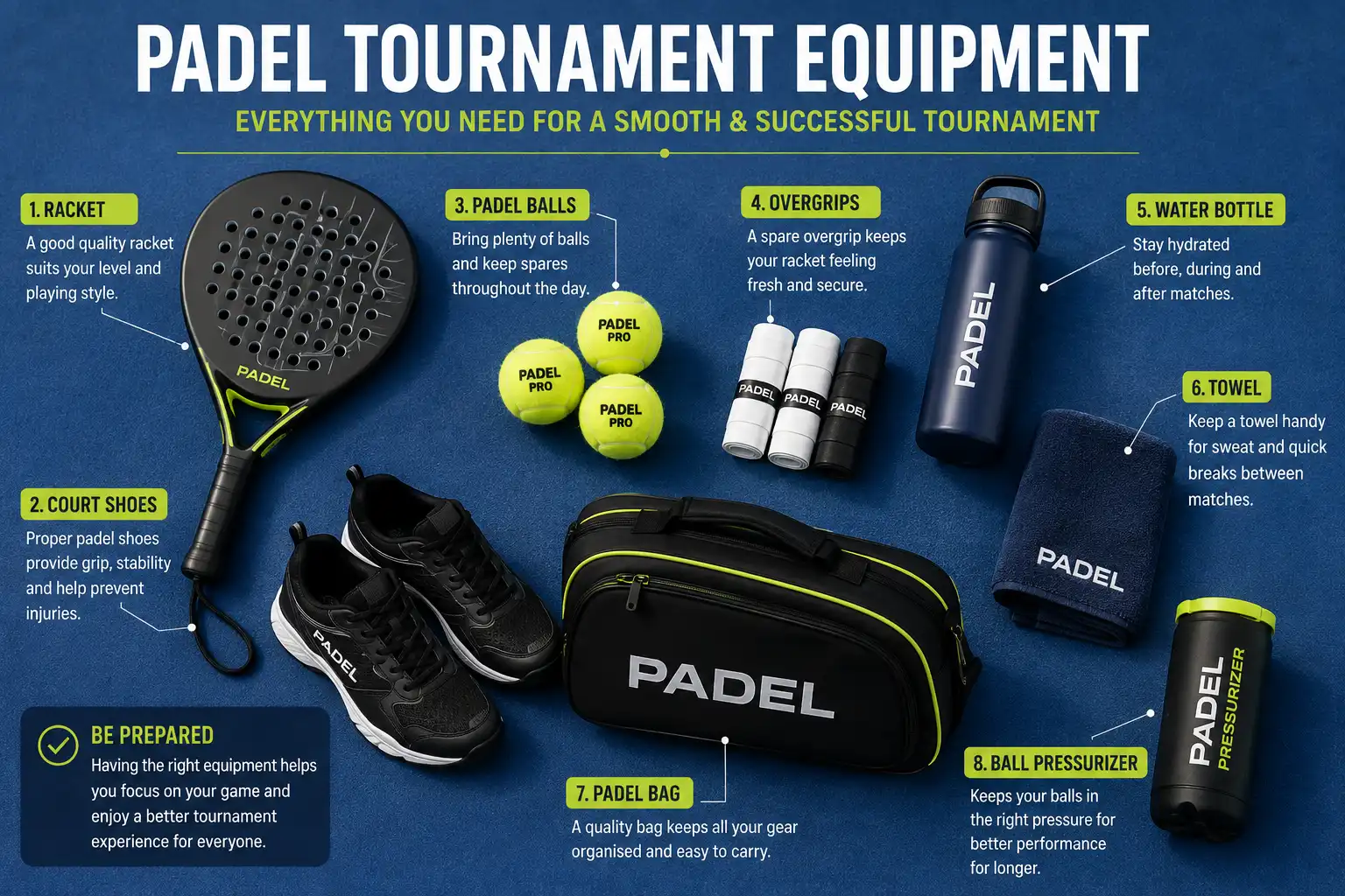 Padel tournament equipment including racket, shoes, balls, overgrips and bag