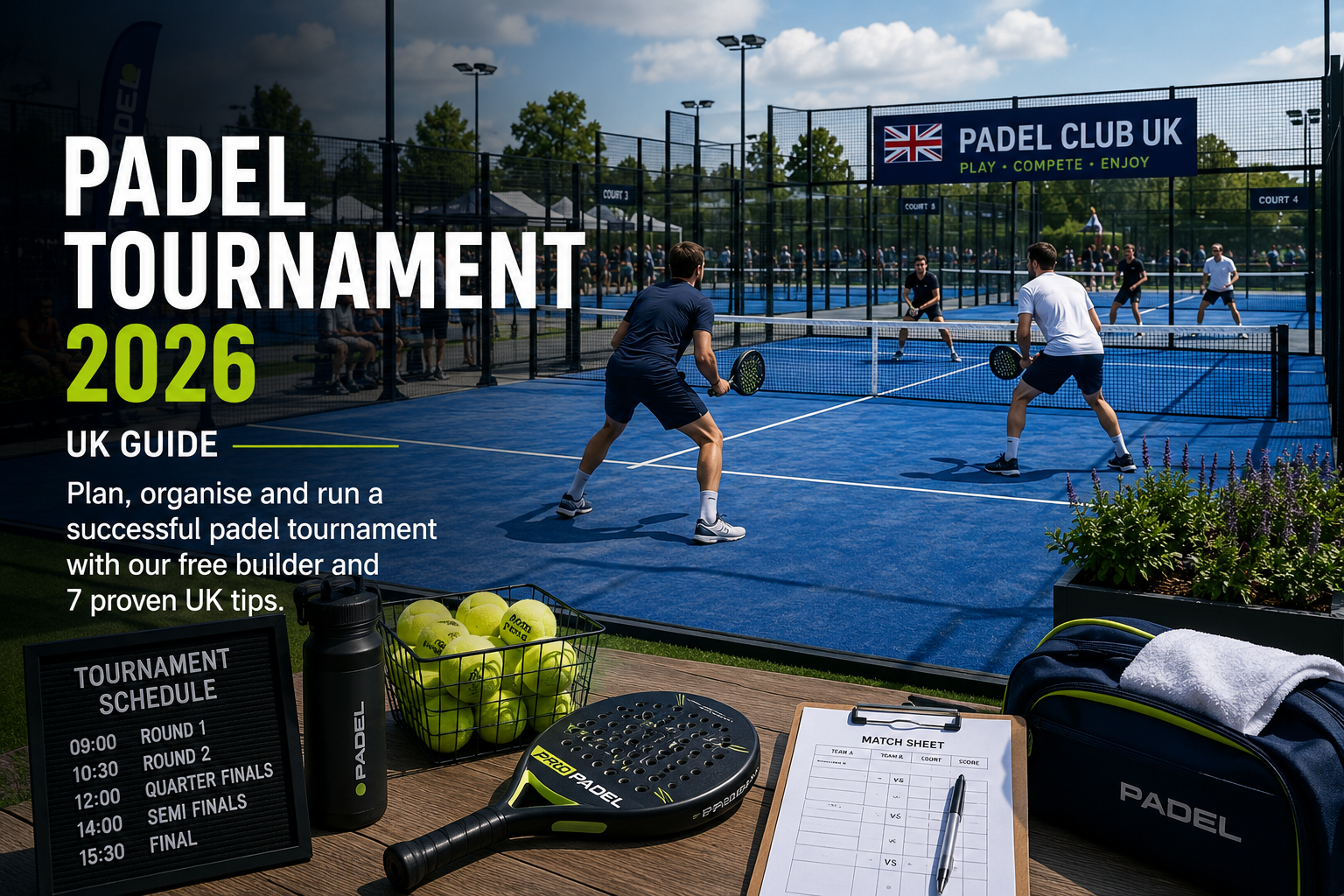Padel tournament in the UK with multiple courts and doubles teams