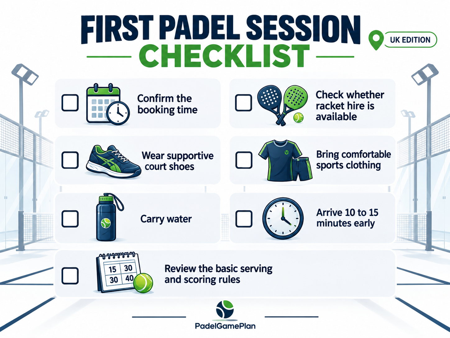 First padel session checklist for UK beginners covering booking, racket hire, court shoes, clothing, water, arrival time and basic rules.