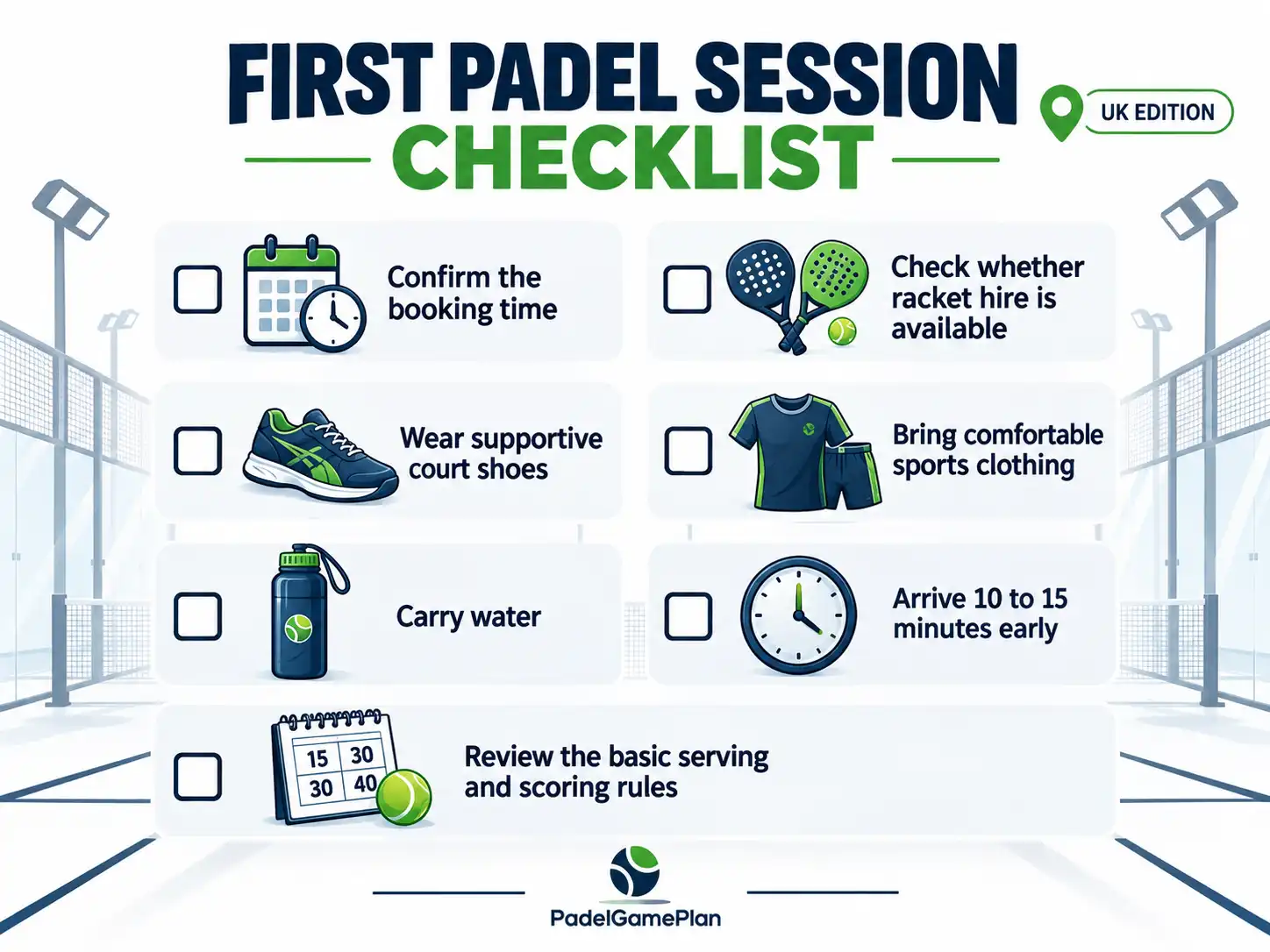 First padel session checklist for UK beginners covering booking, racket hire, court shoes, clothing, water, arrival time and basic rules.