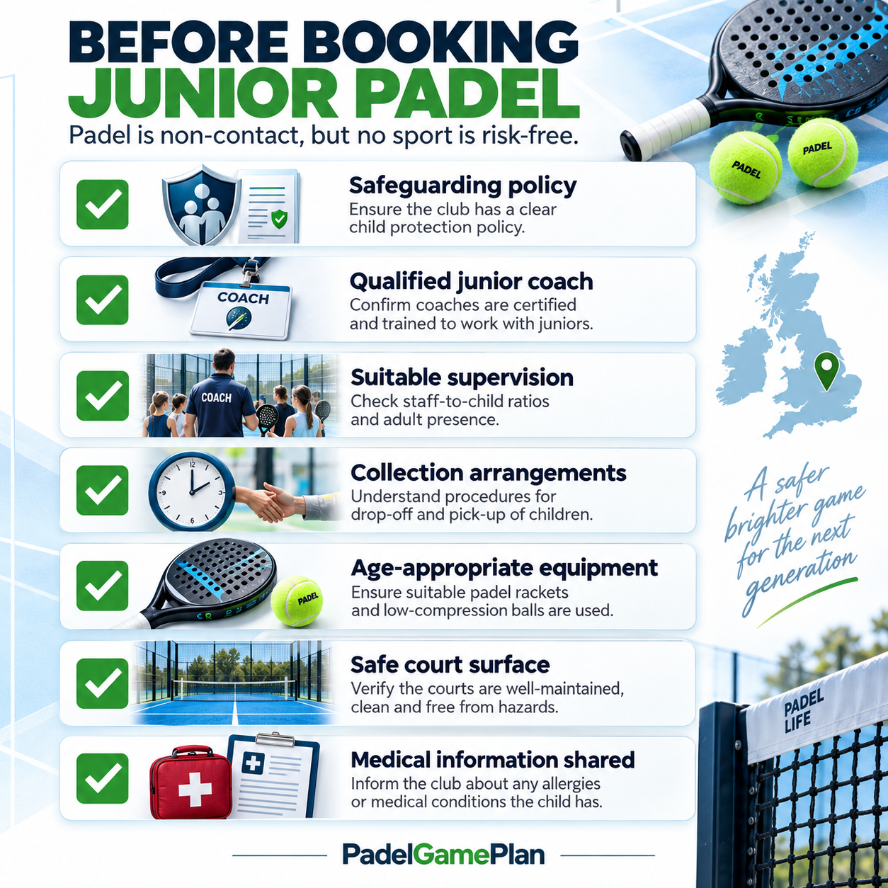 Safety and safeguarding checklist for junior padel in the UK