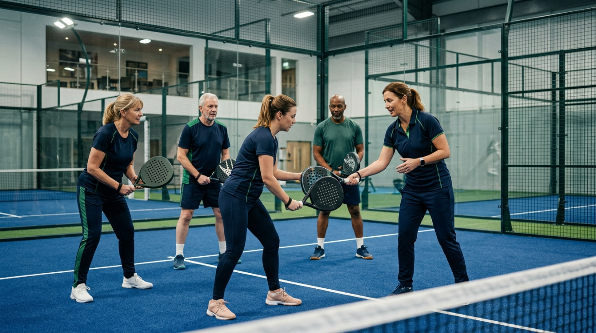 Beginner players learning padel on an indoor court in the UK.