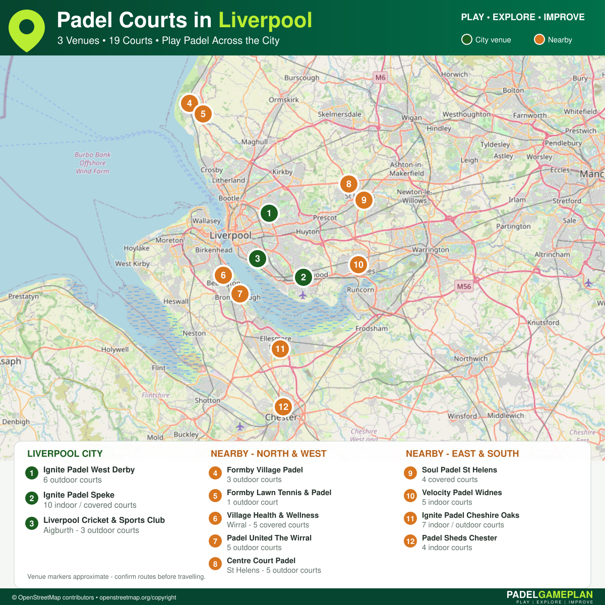 Map of padel courts in Liverpool and nearby areas