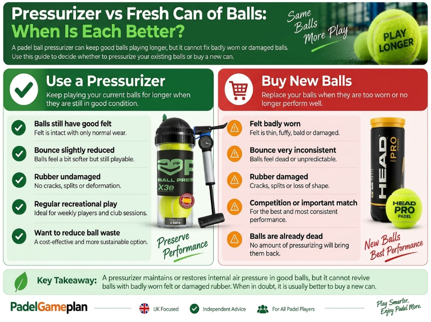 Padel ball pressurizer vs new balls comparison showing when to preserve balls and when to replace them