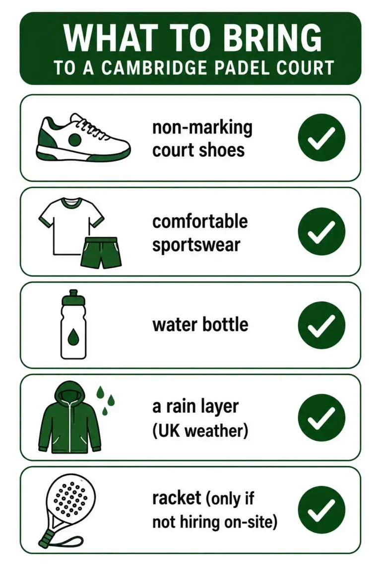Checklist graphic of what to bring to a padel session in Cambridge: shoes, water, rain layer and racket