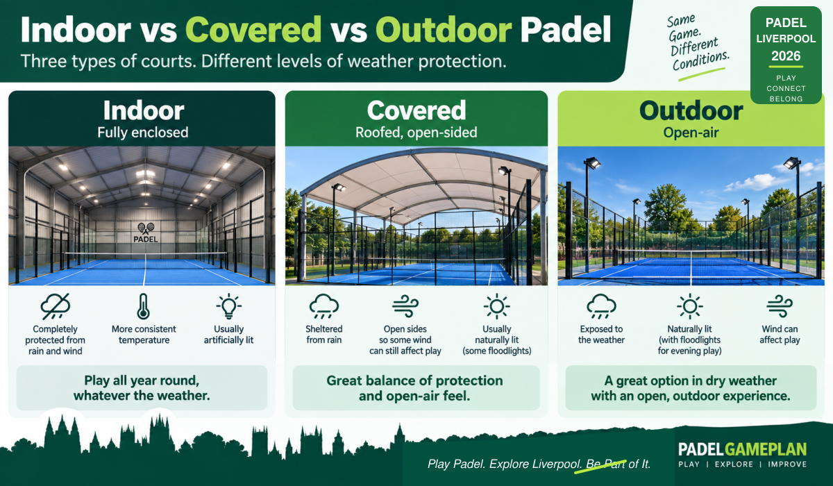 Liverpool’s three confirmed venues provide 19 courts: 6 indoor, 4 covered and 9 outdoor. The infographic below explains what each court classification means rather than showing the number available.