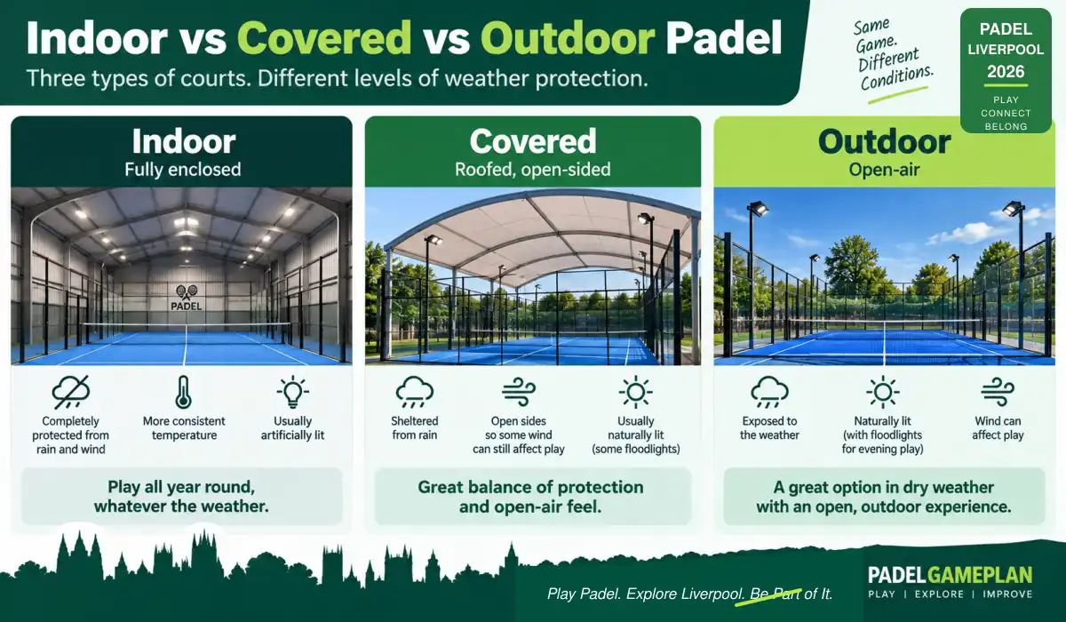 Liverpool’s three confirmed venues provide 19 courts: 6 indoor, 4 covered and 9 outdoor. The infographic below explains what each court classification means rather than showing the number available.