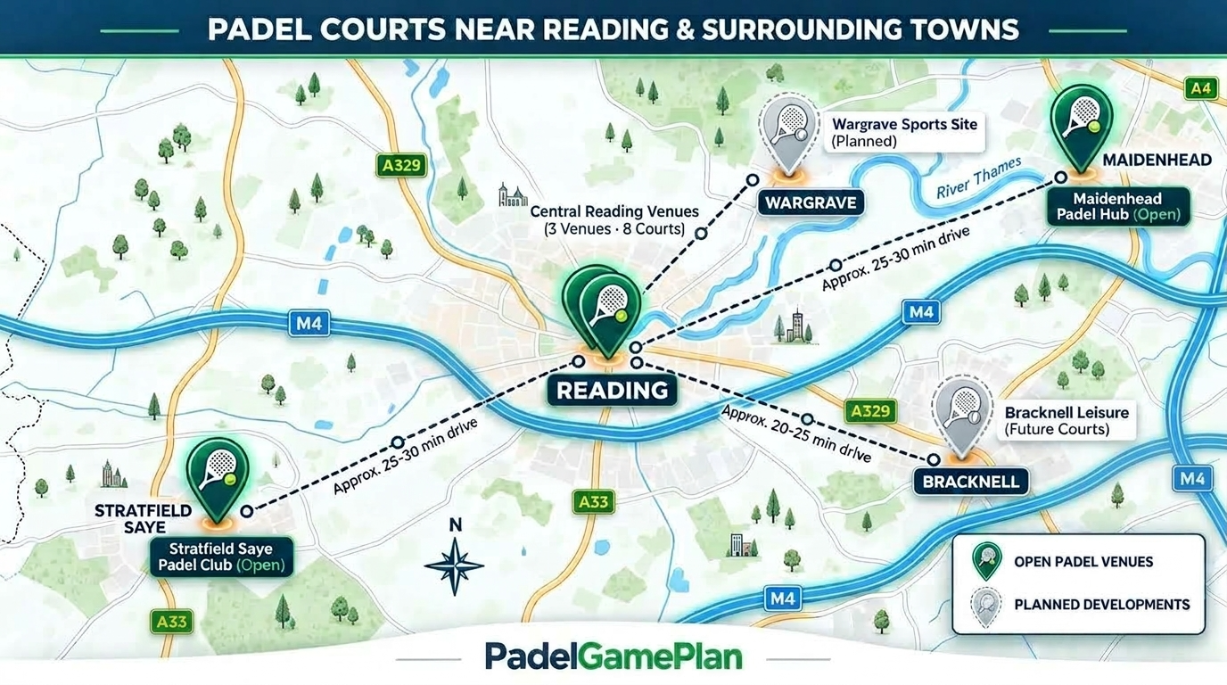 Map of padel courts near Reading, including Bracknell, Maidenhead, Wargrave and Stratfield Saye.