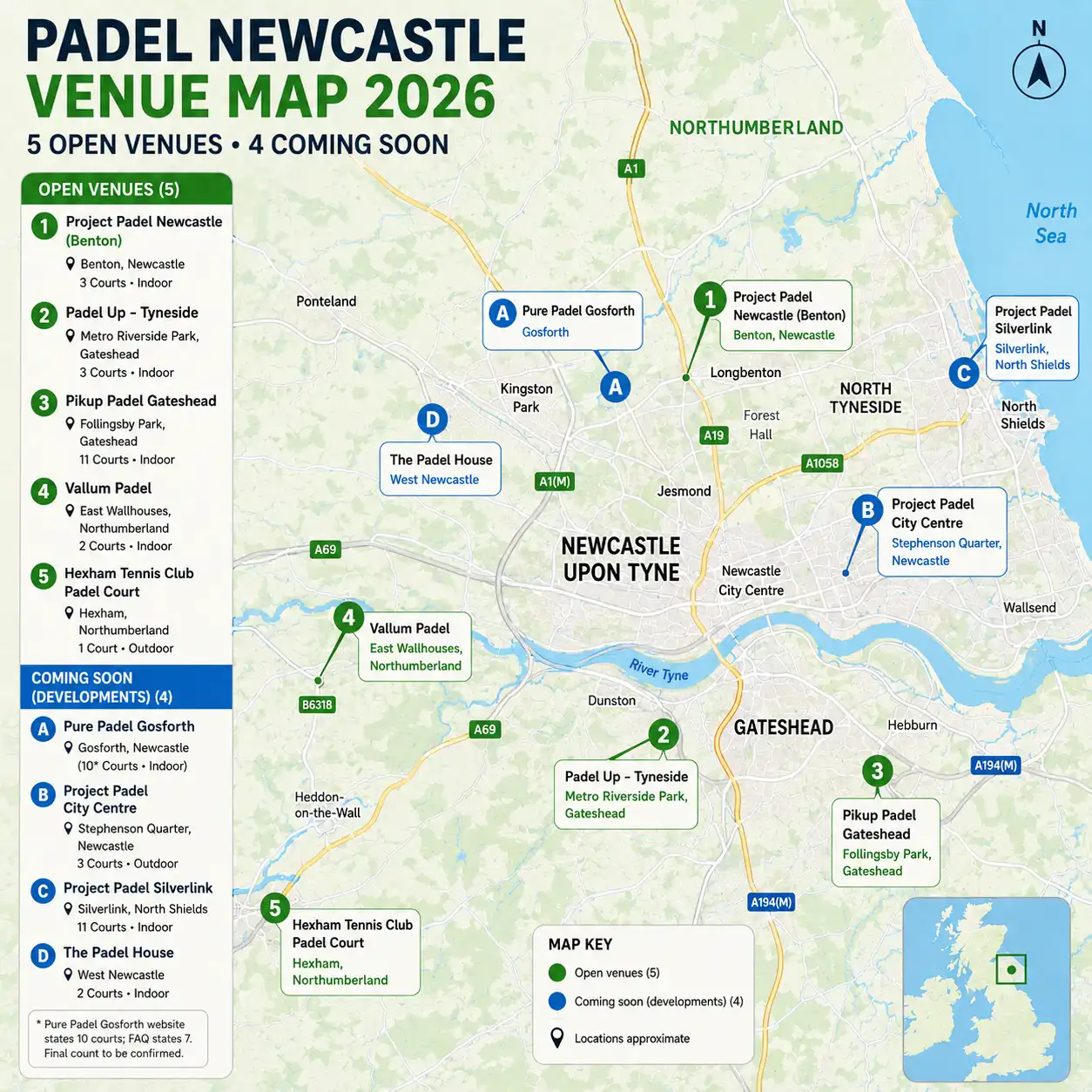 Map of padel courts across Newcastle, Gateshead and Northumberland